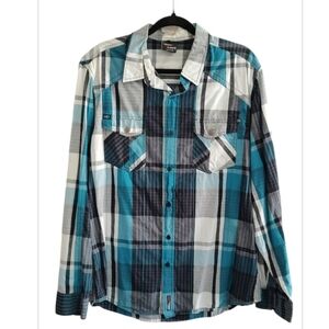 No Fear Button Down Plaid Shirt - Teal and Black Size XL